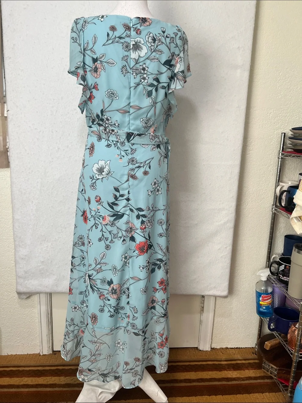 Light Blue Floral High-Low Dress with Tie Waist - Picture 6 of 12